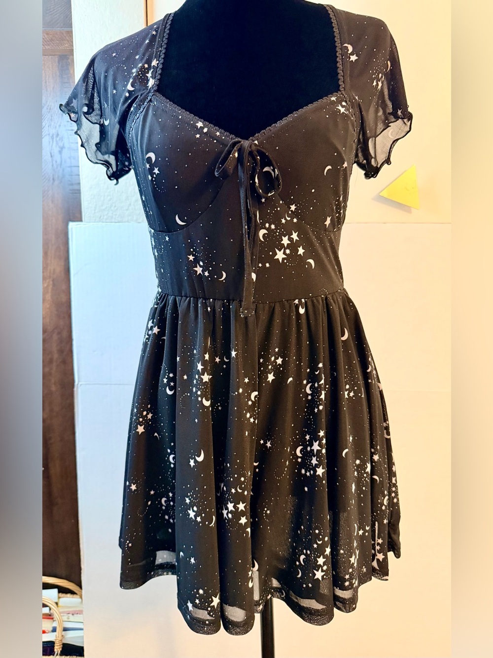 Urban Outfitters Black & White Celestial Star and Moon Print Mesh Mini Romper S